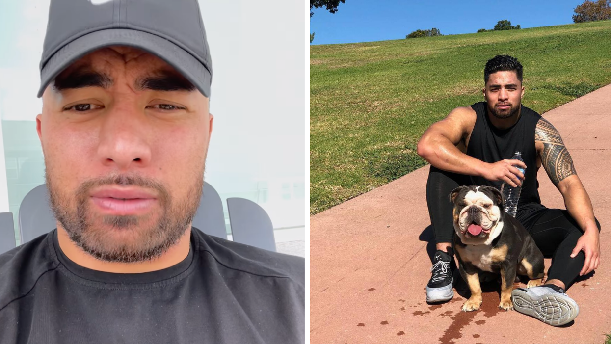 Manti Te'o thanking his fans in a video on his Instagram. Right: Manti Te'o and his dog.