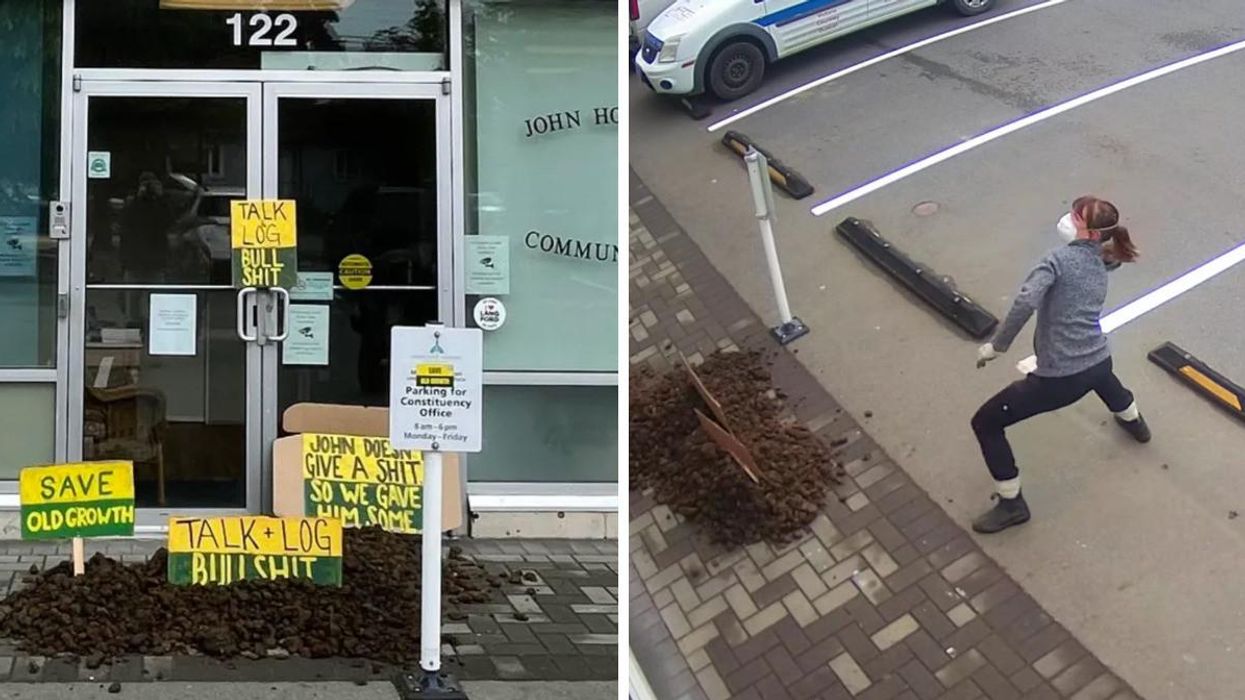 Manure left outside John Horgan's office. Right: A person throwing manure at the building.