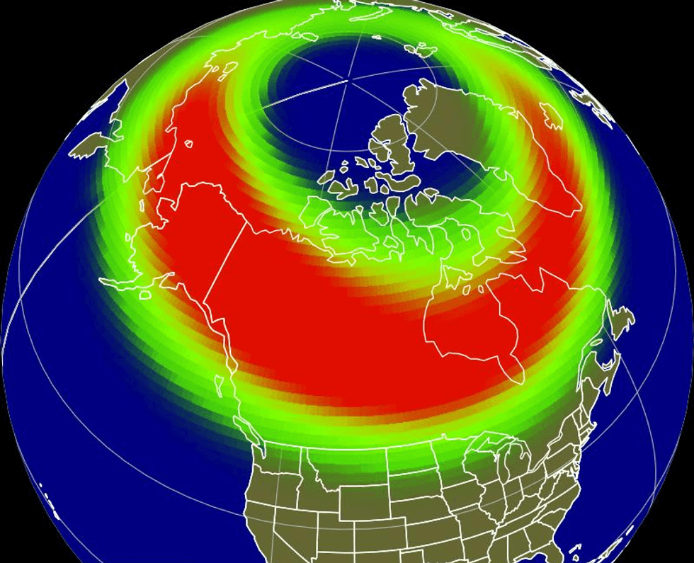 map of canada and us with green and red auroral oval