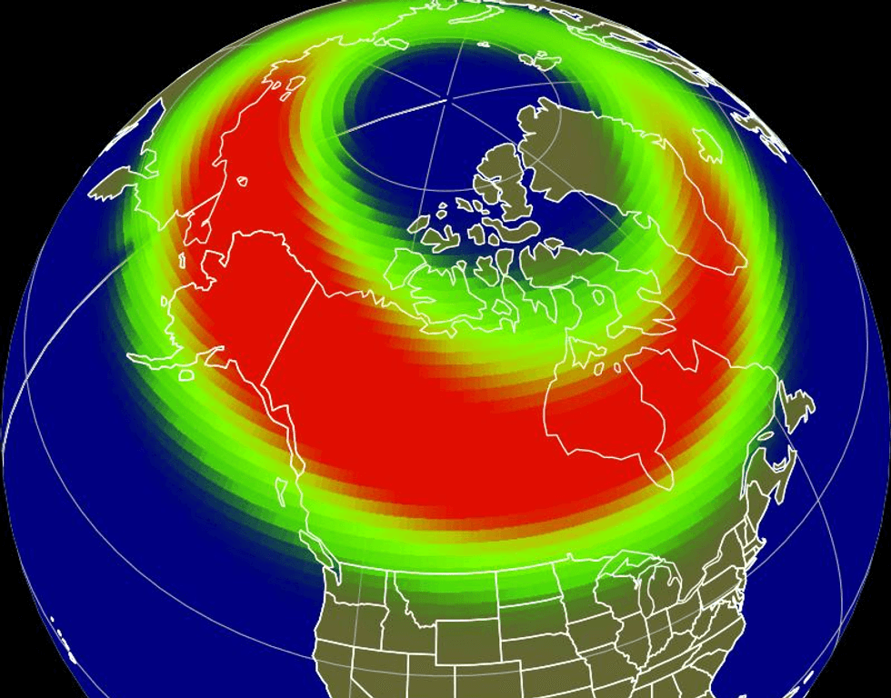 map of canada with green and red auroral oval for northern lights