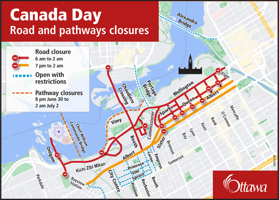Map of downtown Ottawa showing road closures (listed below).
