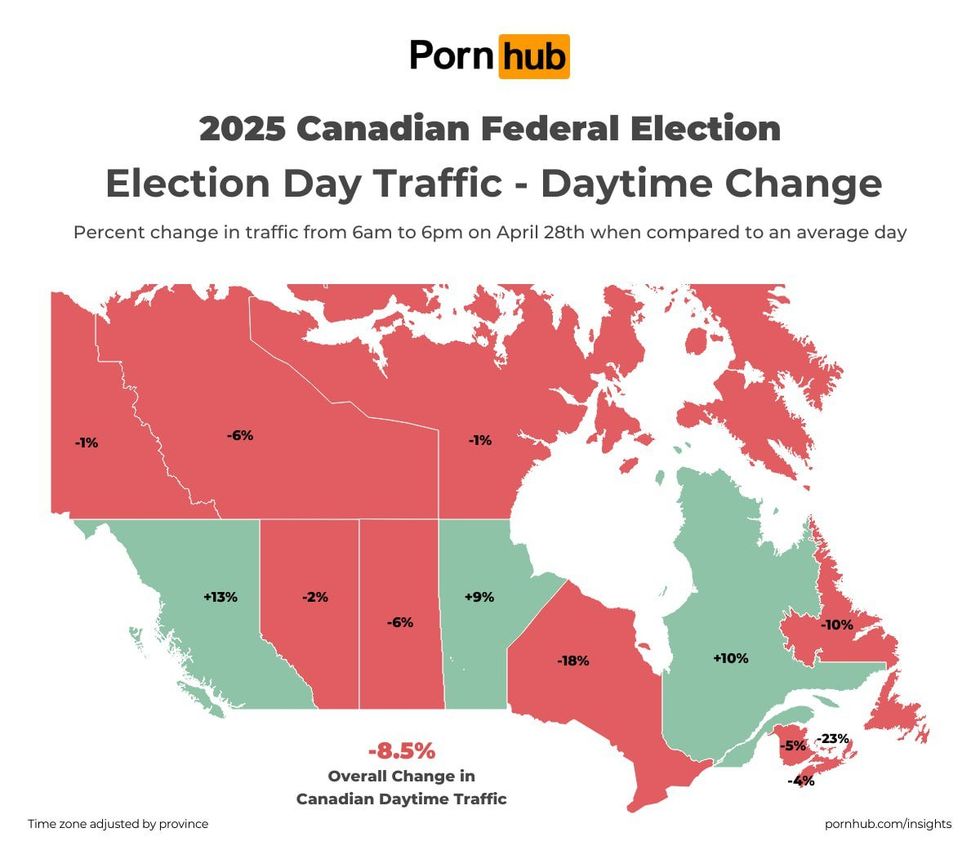 Map showing change in Pornhub traffic in the daytime of April 28 in each province and territory compared to an average day.