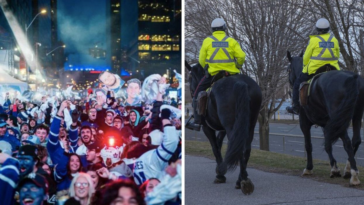Maple Leafs celebrations in Toronto. Right: Two mounted police officers riding horse.