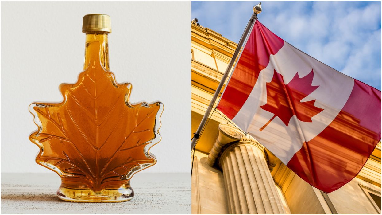 Maple syrup. Right: A Canadian flag.