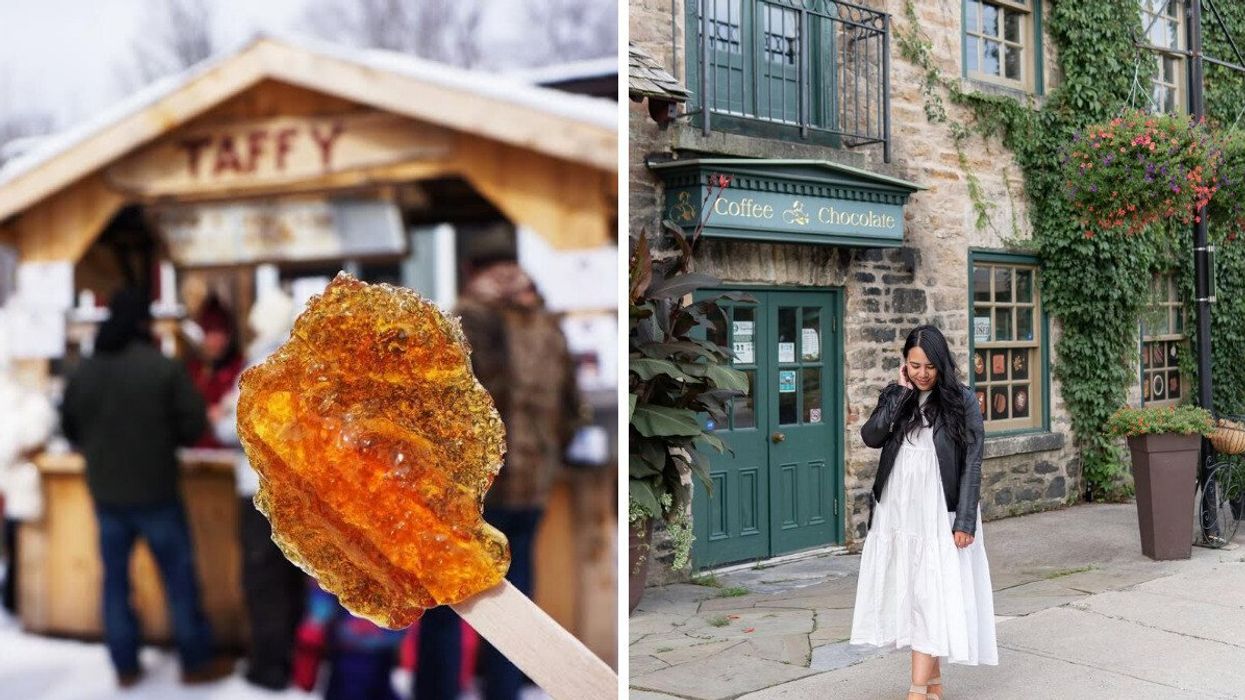 Maple taffy on a stick. Right: A person standing by a stone building.