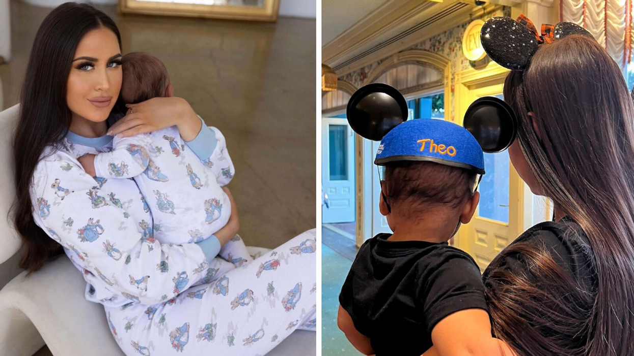 Maralee Nichols holding baby Theo in Easter pajamas. Right: Theo with a Mickey hat on and Maralee Nichols with a Mickey headband.