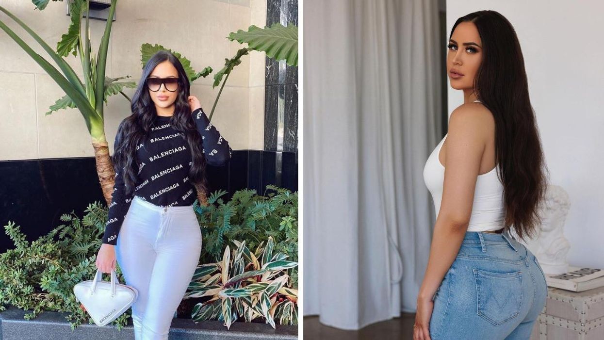 Maralee Nichols in a Balenciaga long sleeved shirt. Right: Maralee Nichols looking back at the camera.