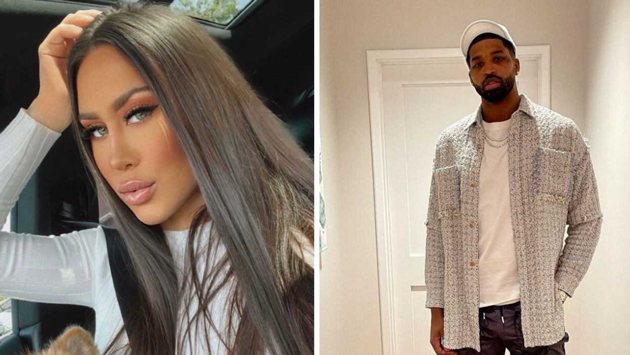 Maralee Nichols in a white shirt. Right: Tristan Thompson in a grey jacket.