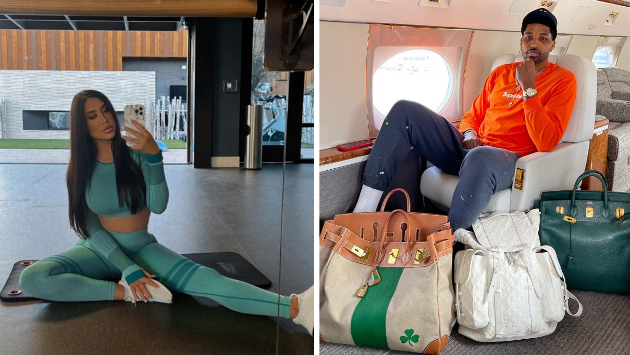 Maralee Nichols taking a mirror selfie at a gym. Right: Tristan Thompson sitting in a private jet surrounded by designer bags.