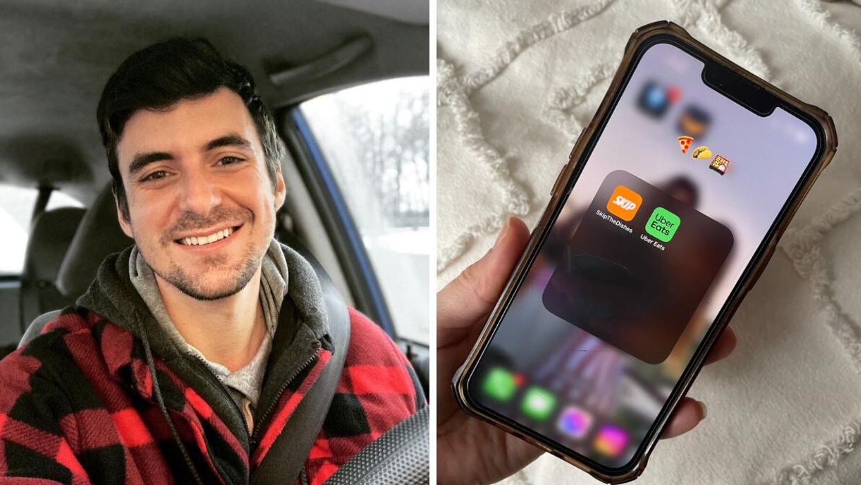 Marc-André, un coursier sur TikTok. Droite : Les applications UberEats et SkipTheDishes.