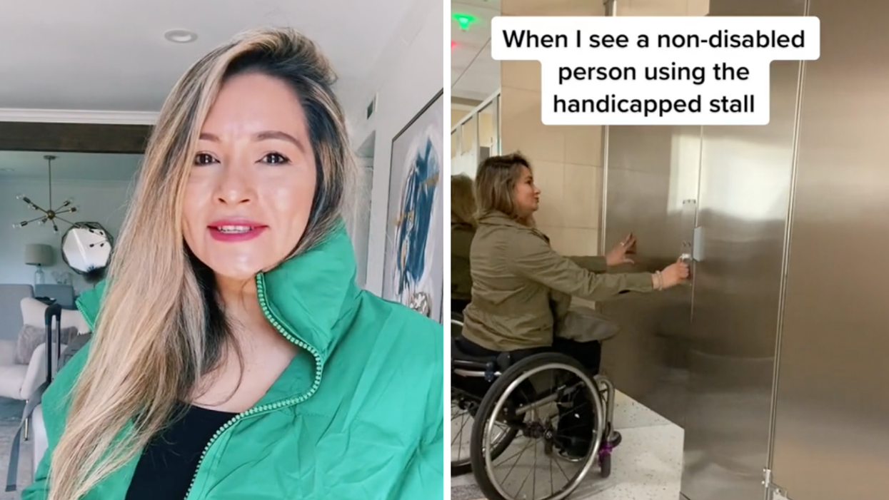 Marcela Marañon in a green jacket. Right: Marañon in her viral TikTok clip.