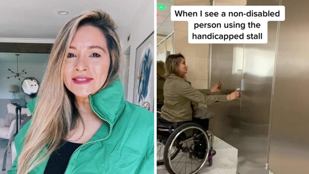 Marcela Marañon in a green jacket. Right: Marañon in her viral TikTok clip.