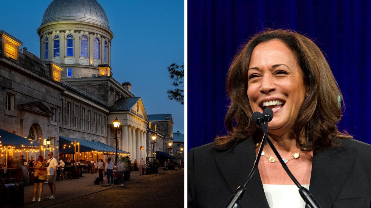 Marché Bonsecours à Montréal. Droite: La candidate à l'élection présidentielle Kamala Harris.
