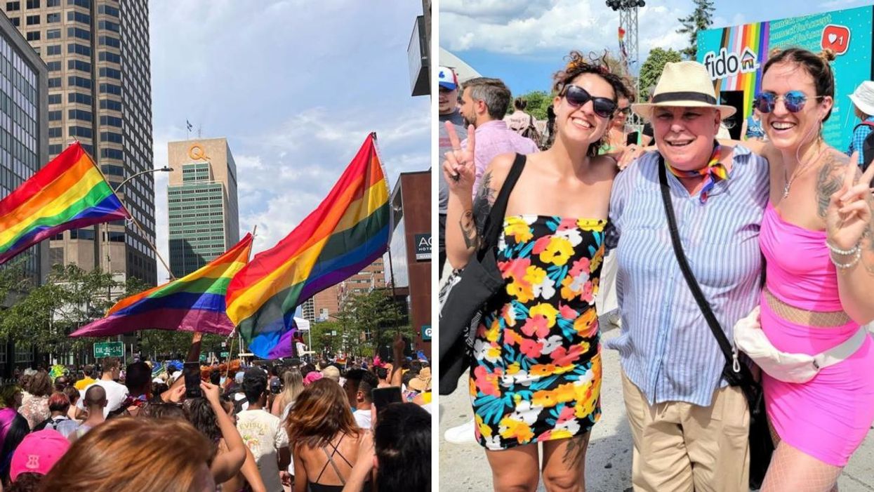 Marche de la fierté à Montréal 2022. Droite : Manon Massé et deux femmes à la Fierté Montréal 2022.