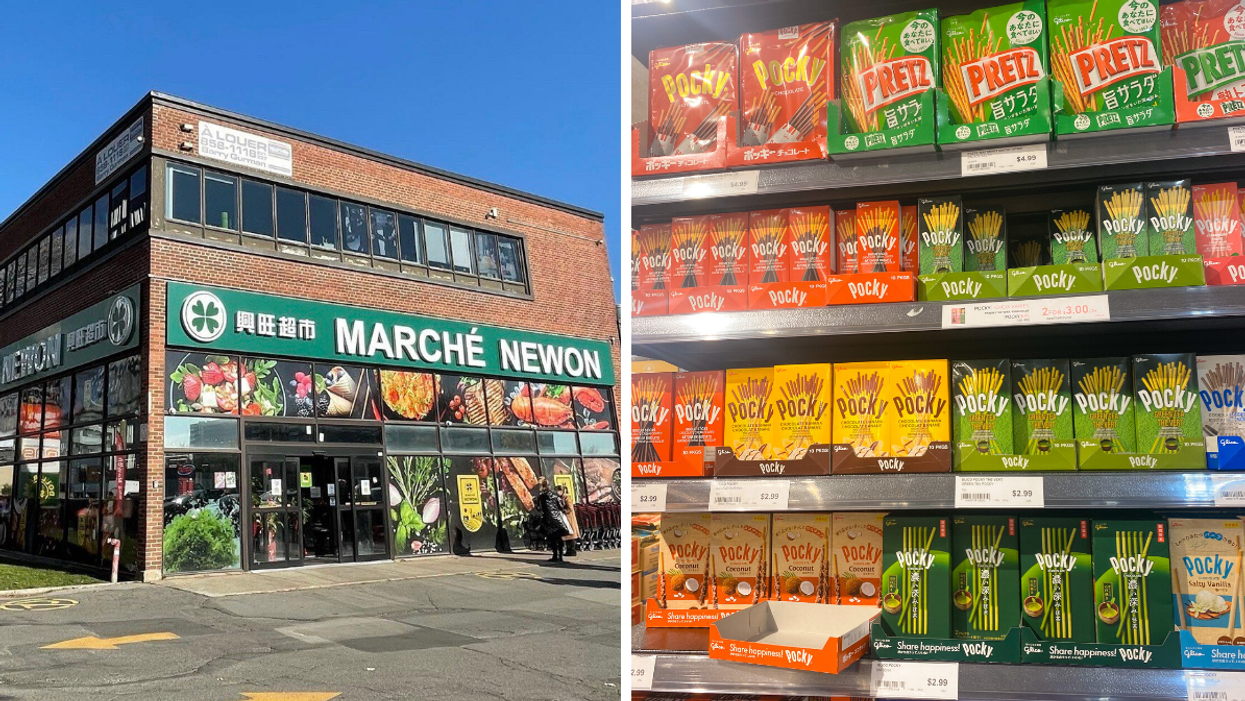 Marché Newon façade. Droite : Étagère dans l'épicerie avec Pocky.