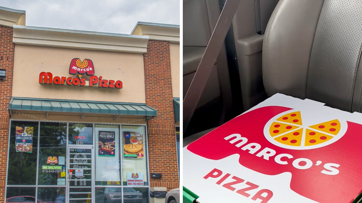 Marco's Pizza exterior. Right: A Marco's Pizza box.