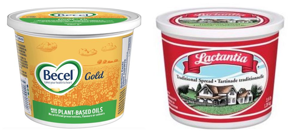 Margarine Becel Or. Droite : Tartinade traditionnelle Lactantia.