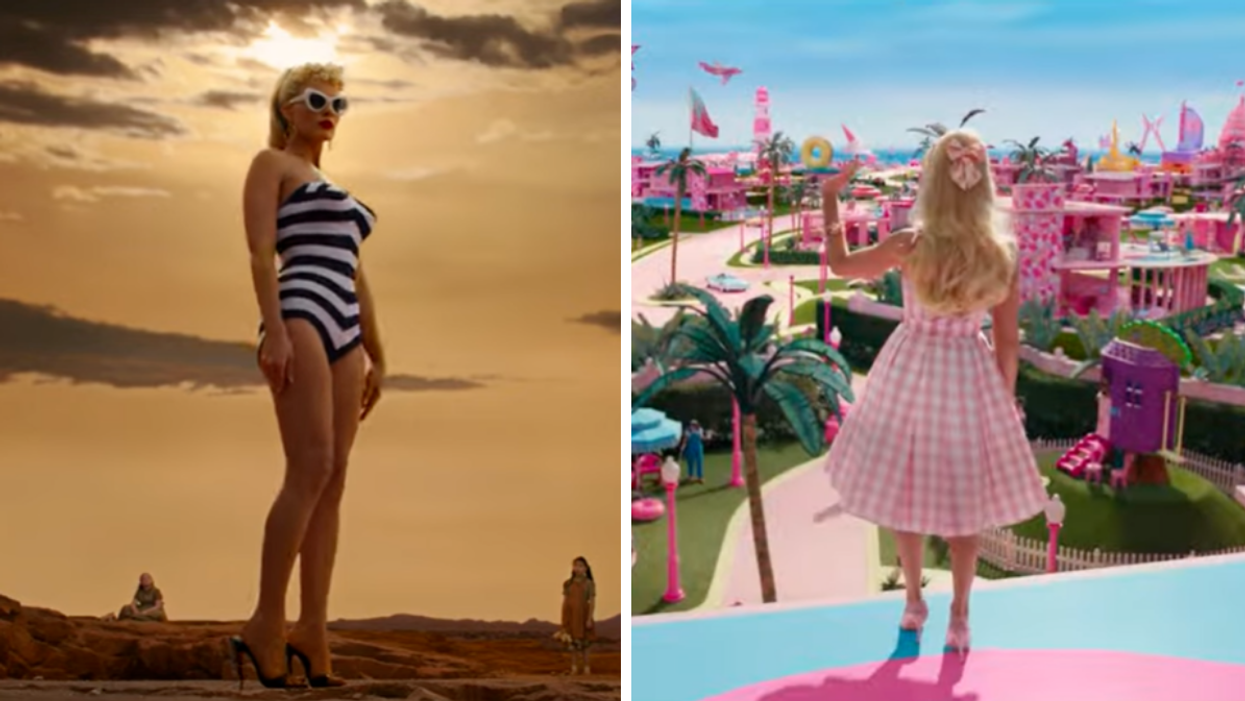 Margot Robbie as a giant Barbie. Right: A screenshot of the new "Barbie" trailer.