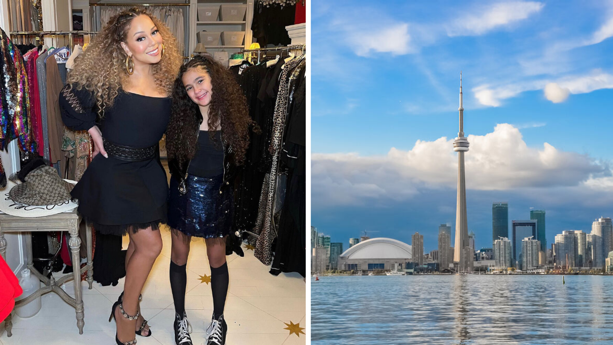 Mariah Carey and Monroe Cannon. Right: Toronto skyline.