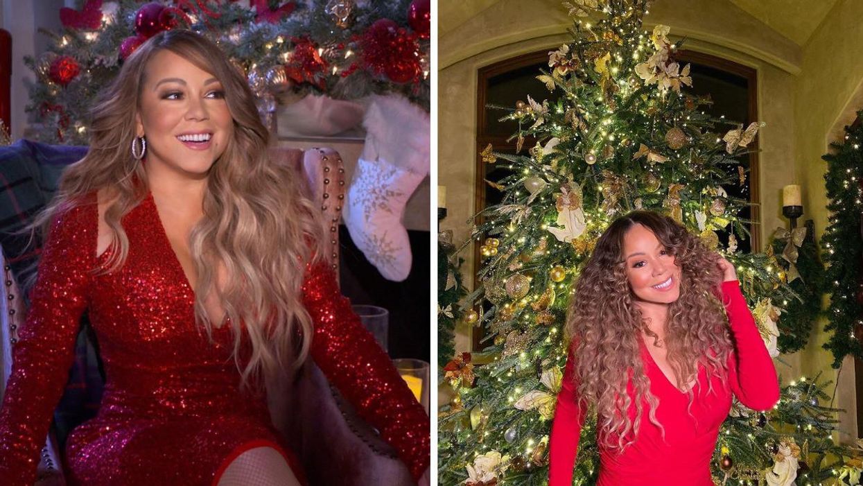 Mariah Carey. Right: Mariah Carey in front of a christmas tree.