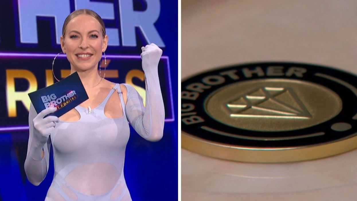 Marie-Mai, animatrice de Big Brother Célébrités, dans une robe lilas. Droite : Jeton doré avec le tour noir portant la mention Big Brother.