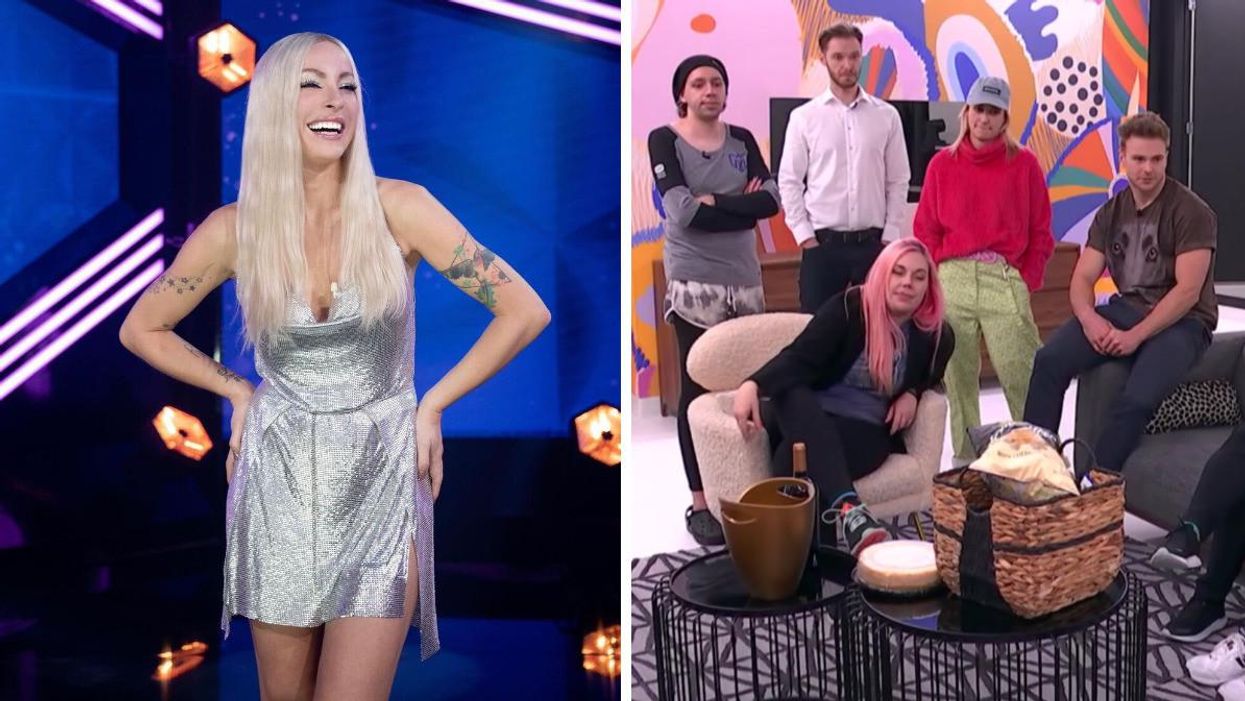 Marie-Mai sur la scène de Big Brother Célébrités. Droite: Des candidats de Big Brother Célébrités.