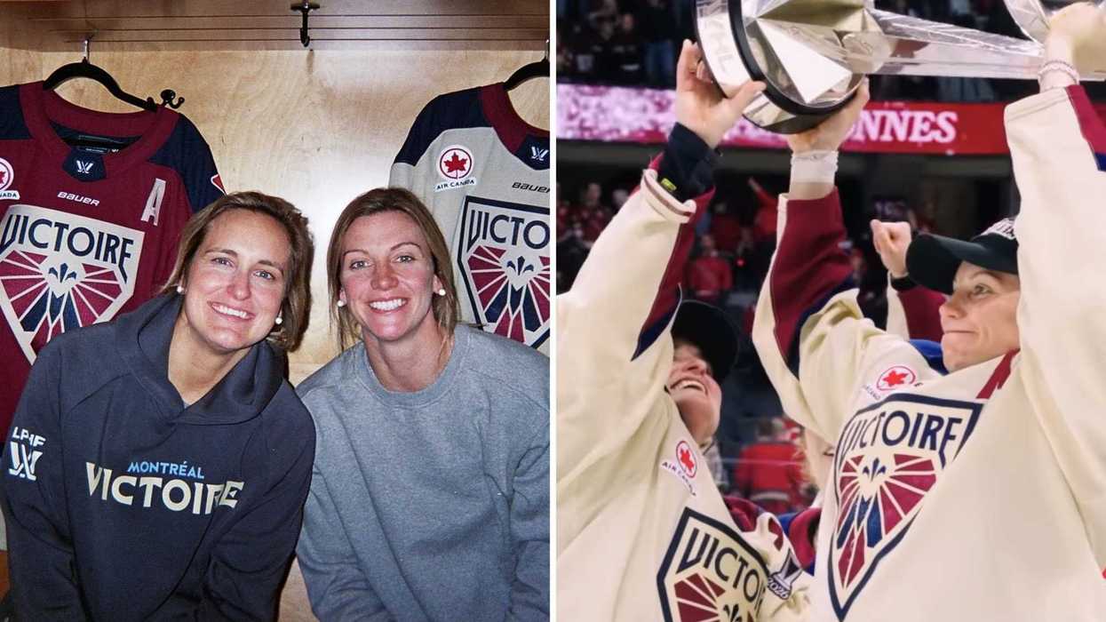 Marie-Philip Poulin et Laura Stacey. Droite : Marie-Philip Poulin et Laura Stacey.