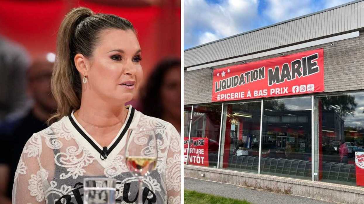 Mariève Breton, fondatrice de Liquidation Marie en entrevue à Tout le monde en parle. Droite : Façade d'un Liquidation Marie.