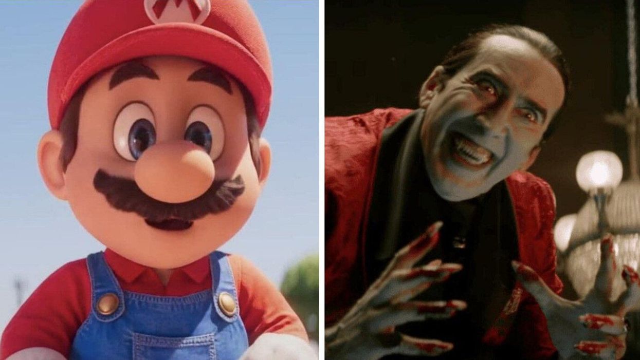 Mario in 'The Super Mario Bros'. Movie. Right: Nicolas Cage in 'Renfield'.