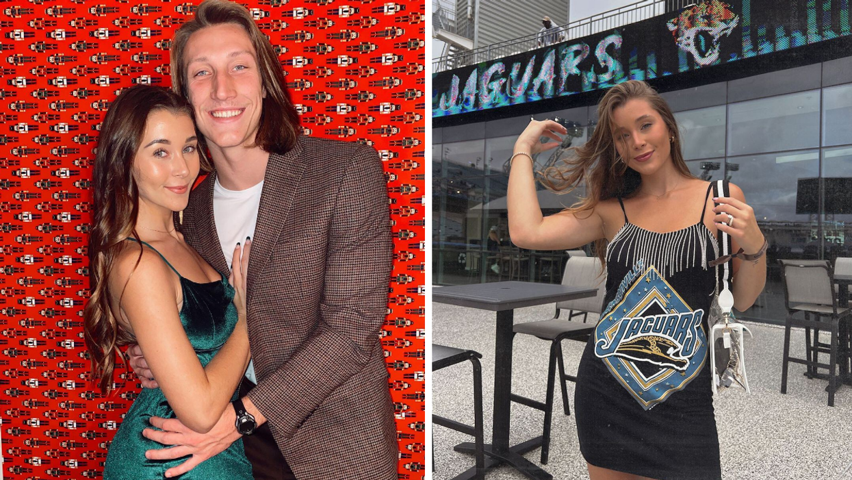 Marissa Lawrence and Trevor Lawrence. Right: Marissa Lawrence in a Jacksonville Jaguars dress.