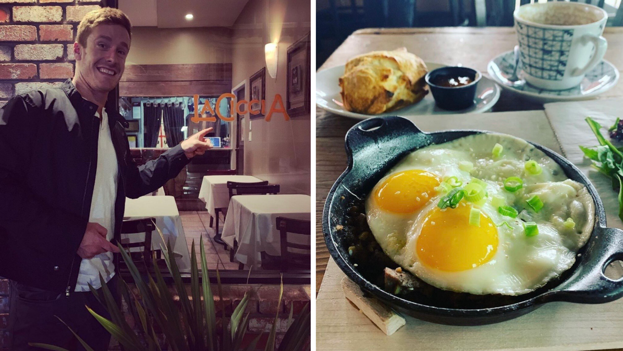 Mark Canha in front of La Ciccia in San Franscisco, CA. Right: Canha's egg dish from Blacksmith in Houston, TX.