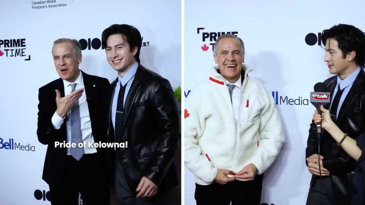 Mark Carney and Hudson Williams laugh together while on the red carpet.