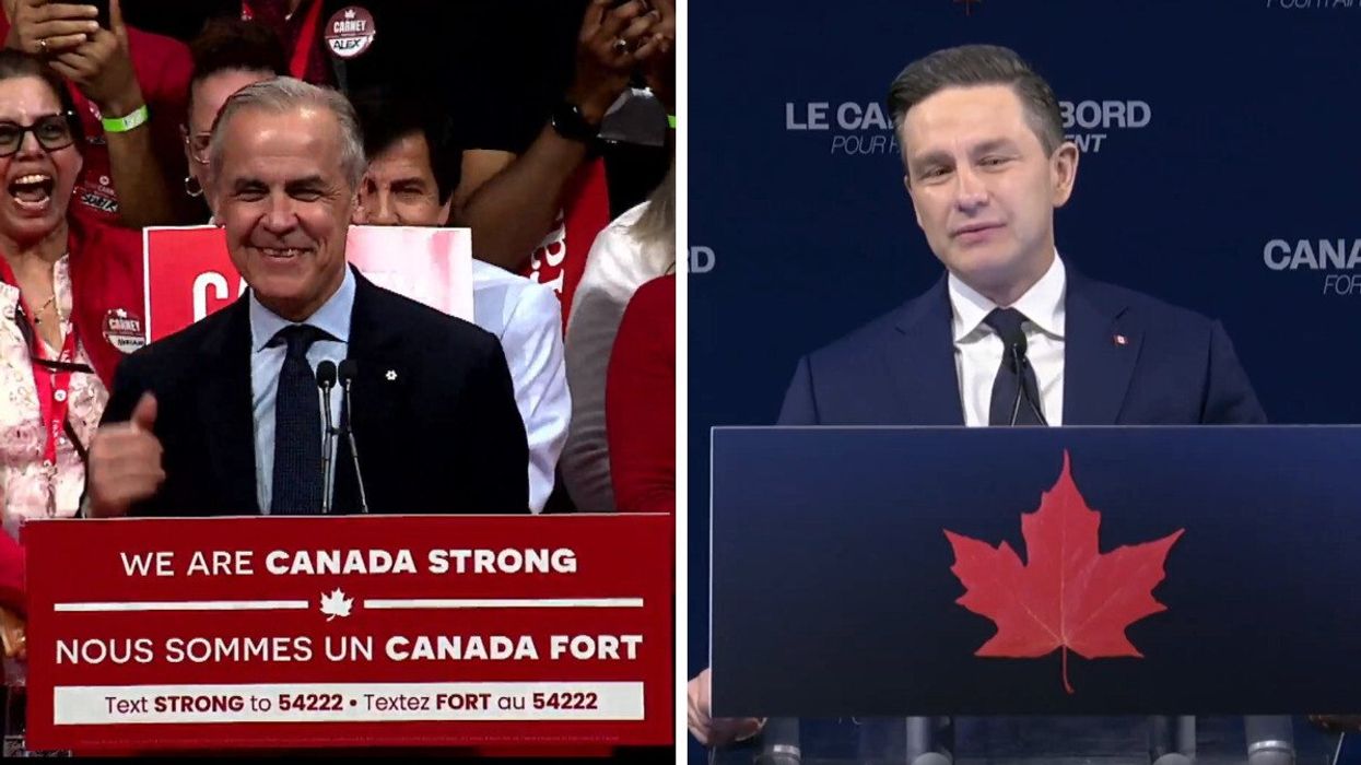 Mark Carney, chef du chef du Parti libéral du Canada (PLC), élu premier ministre. Droite : Le chef du Parti conservateur, Pierre Poilievre.