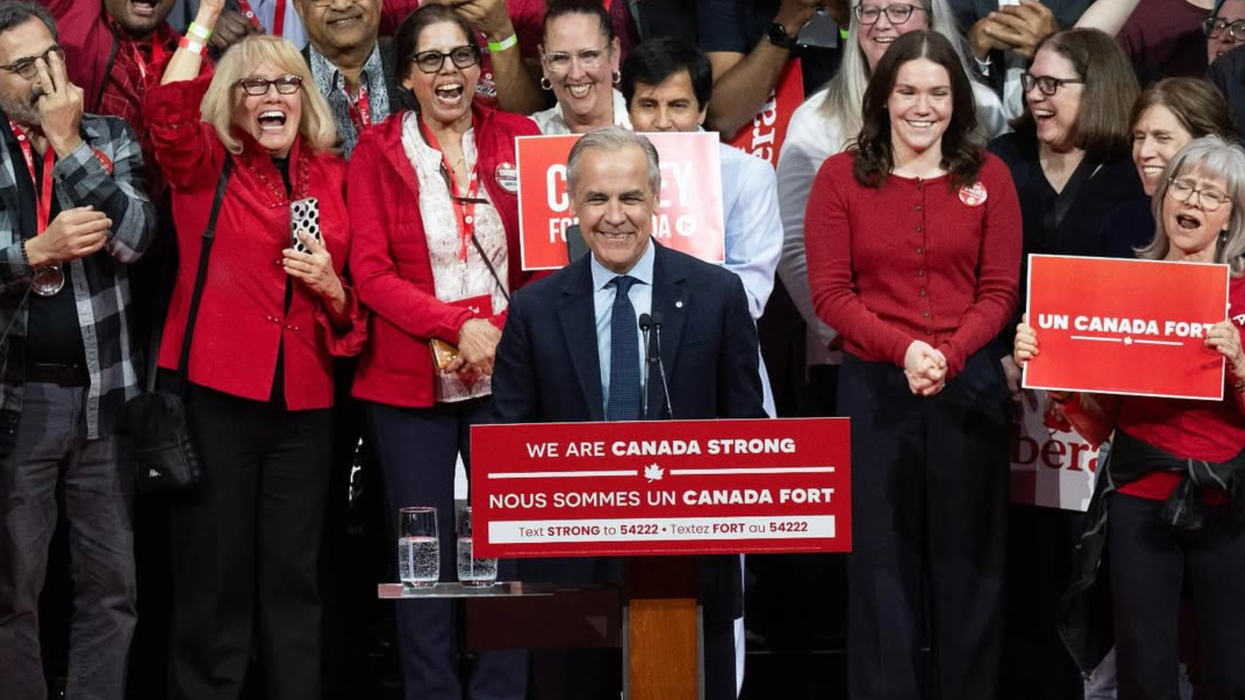 Mark Carney delivers his victory speech to an excited crowd in Nepean, Ottawa.