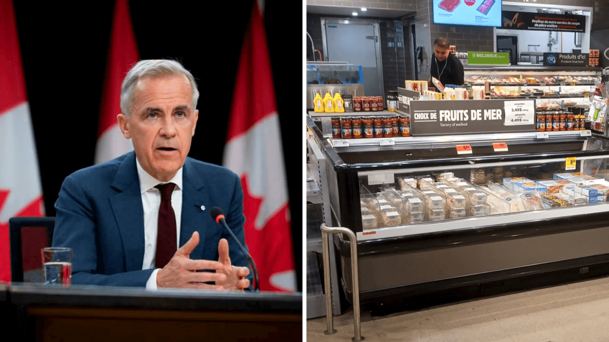 Mark Carney. Droite : la section des fruits de mer à l'épicerie.