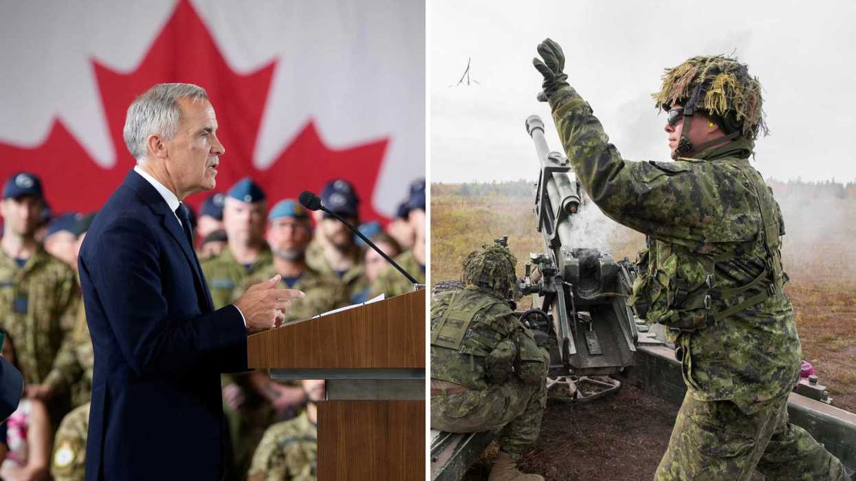 Mark Carney. Droite : un soldat canadien.