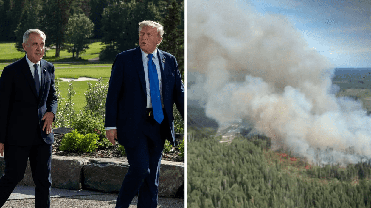 Mark Carney et Donald Trump. Droite : Les feux de forêt de l'Ontario en juillet 2026.
