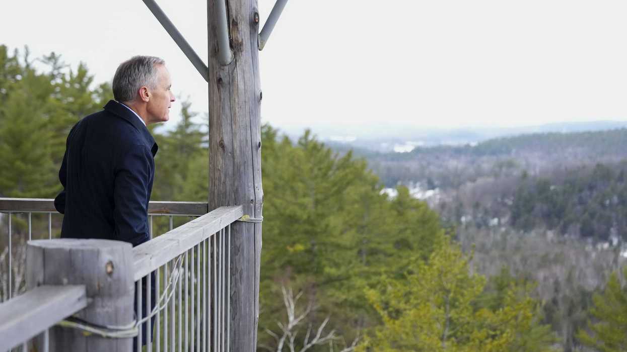 Mark Carney looks out at trees and a valley from a wooden observation deck.