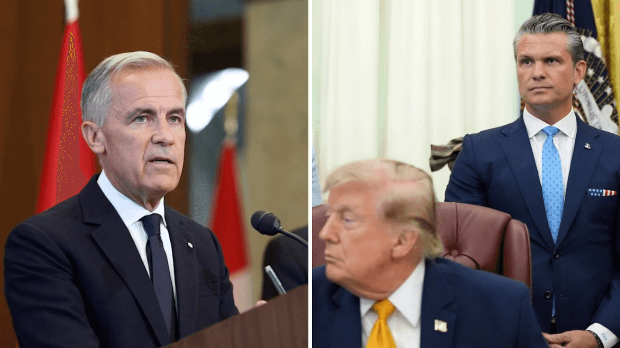 Mark Carney, premier ministre du Canada. Droite : Le président américain Donald Trump et Pete Hegseth.