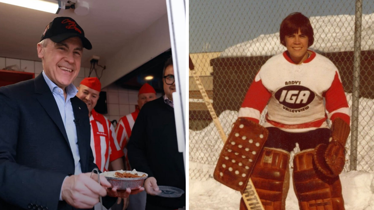 Mark Carney serves poutine on the campaign trail. Right: Young Mark Carney in goalie hockey gear.
