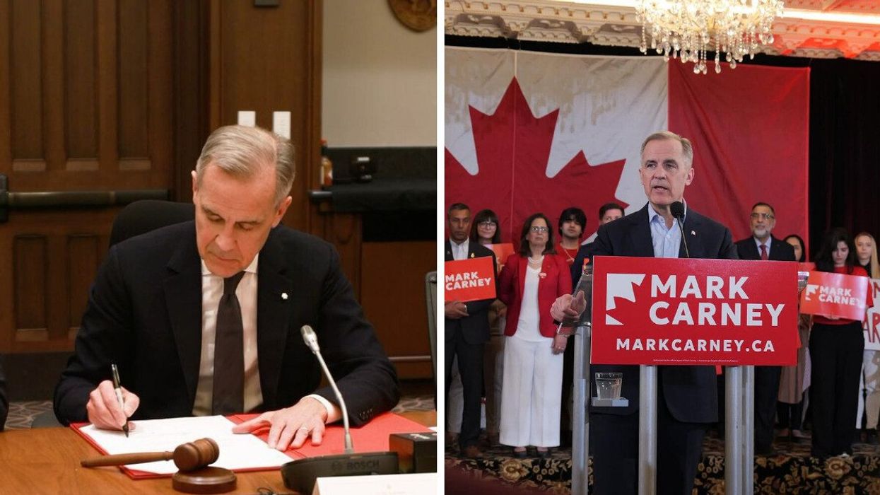 Mark Carney signs an order at a desk. Right: Mark Carney delivers a speech during his leadership campaign.
