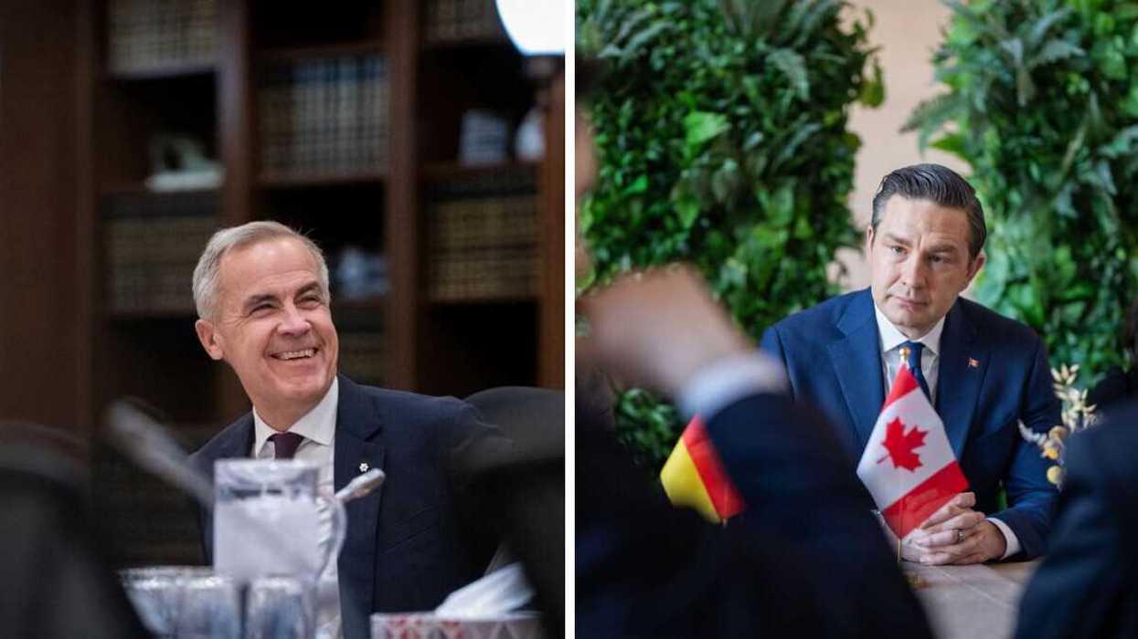 Mark Carney smiling. Right: Pierre Poilievre looking serious.