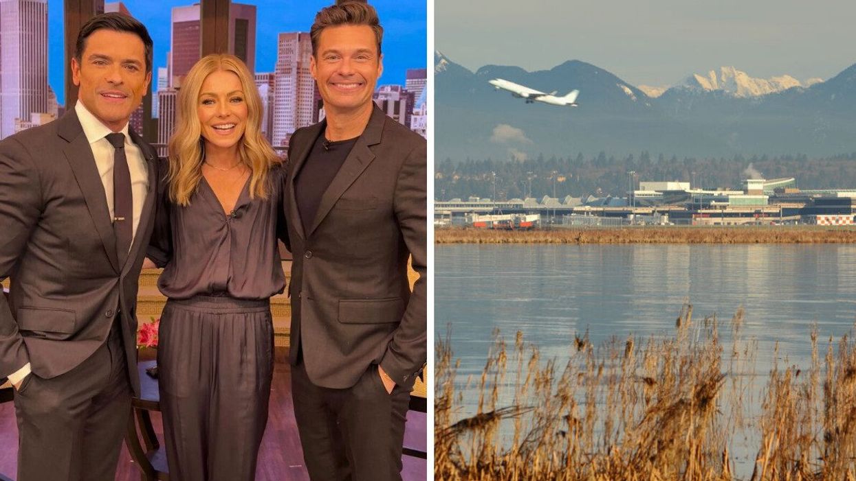 Mark Consuelos, Kelly Ripa and Ryan Seacrest. Right: Vancouver International Airport.