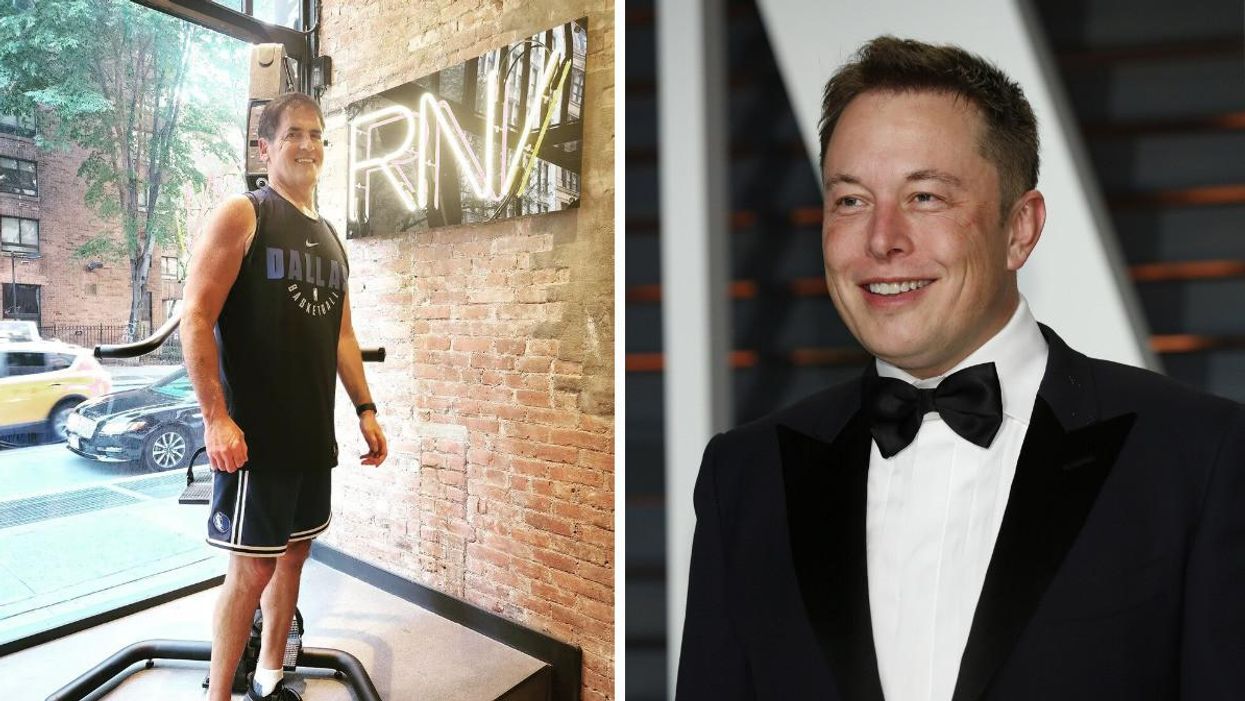 Mark Cuban at the gym wearing a Dallas top. Right: Elon Musk smiling.