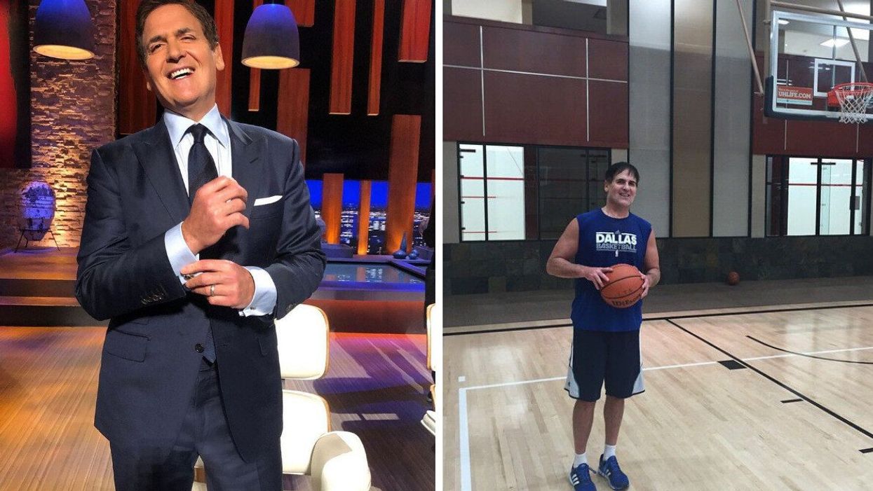 Mark Cuban wearing a suit. Right: Mark Cuban wearing a basketball uniform and holding a ball.