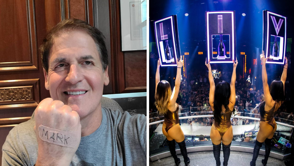 Mark Cuban with a bandaid on his hand. Right: Three bottle girls at LIV Miami.