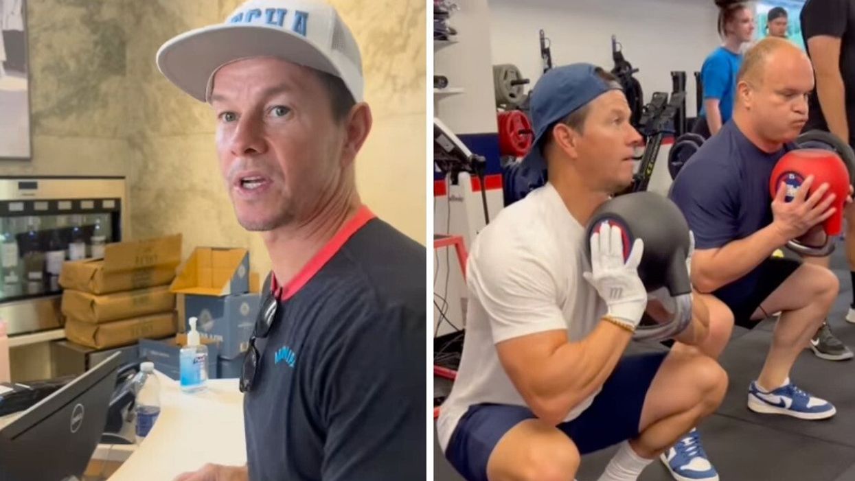 Mark Wahlberg at an LCBO in Toronto. Right: Mark Wahlberg and Tie Domi working out at an F45 gym.