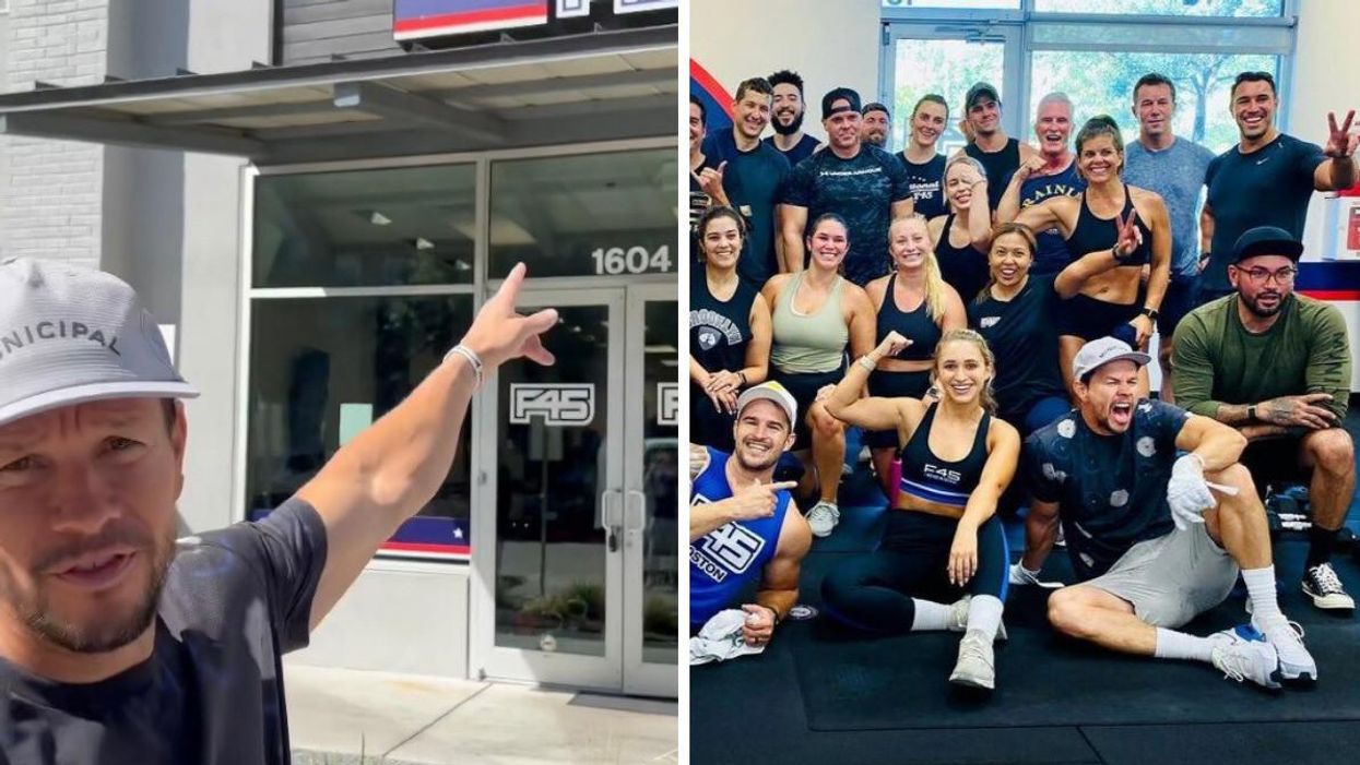 Mark Wahlberg in a video outside of F45 South Shore Austin. Right: Wahlberg with other gym attendees at F45 South Shore Austin.