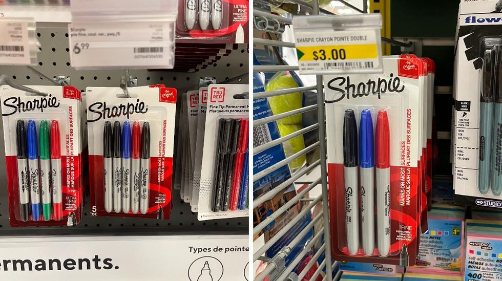 Marqueurs permanents au Bureau en Gros. Droite : Marqueurs permanents au Dollarama.