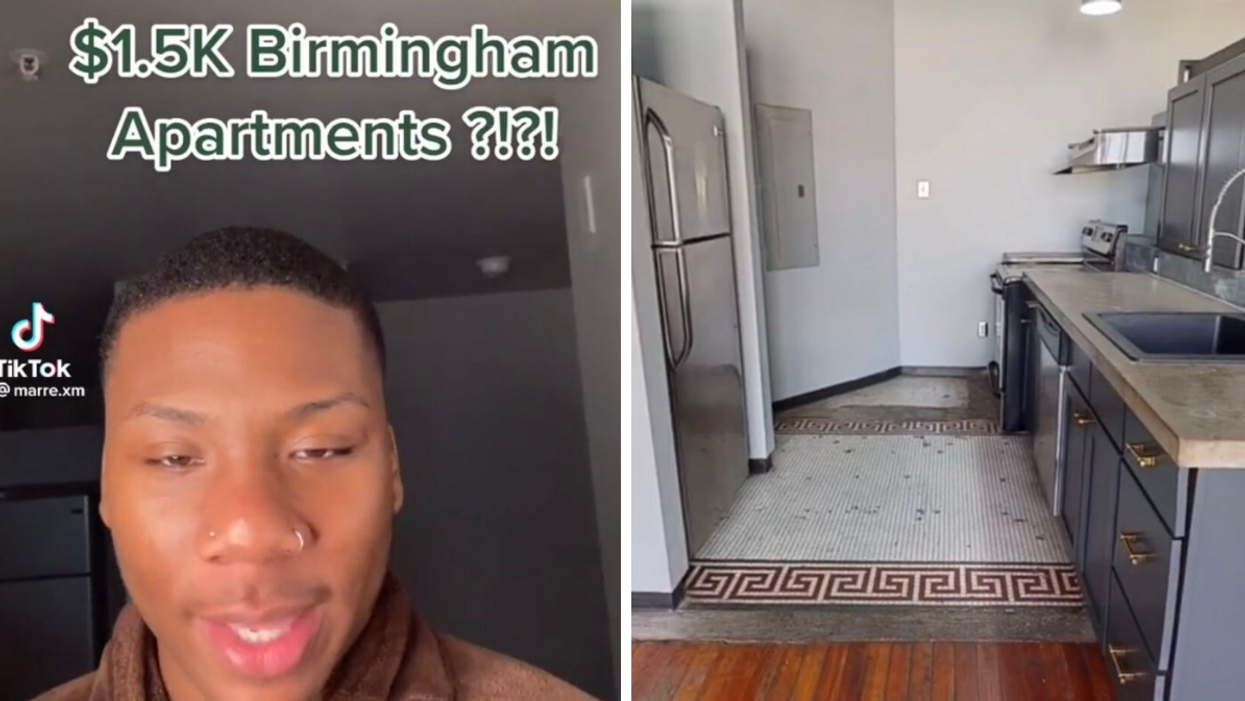 Marre in a TikTok clip about the Alabama apartment. Right: The kitchen in the Birmingham, AL apartment.
